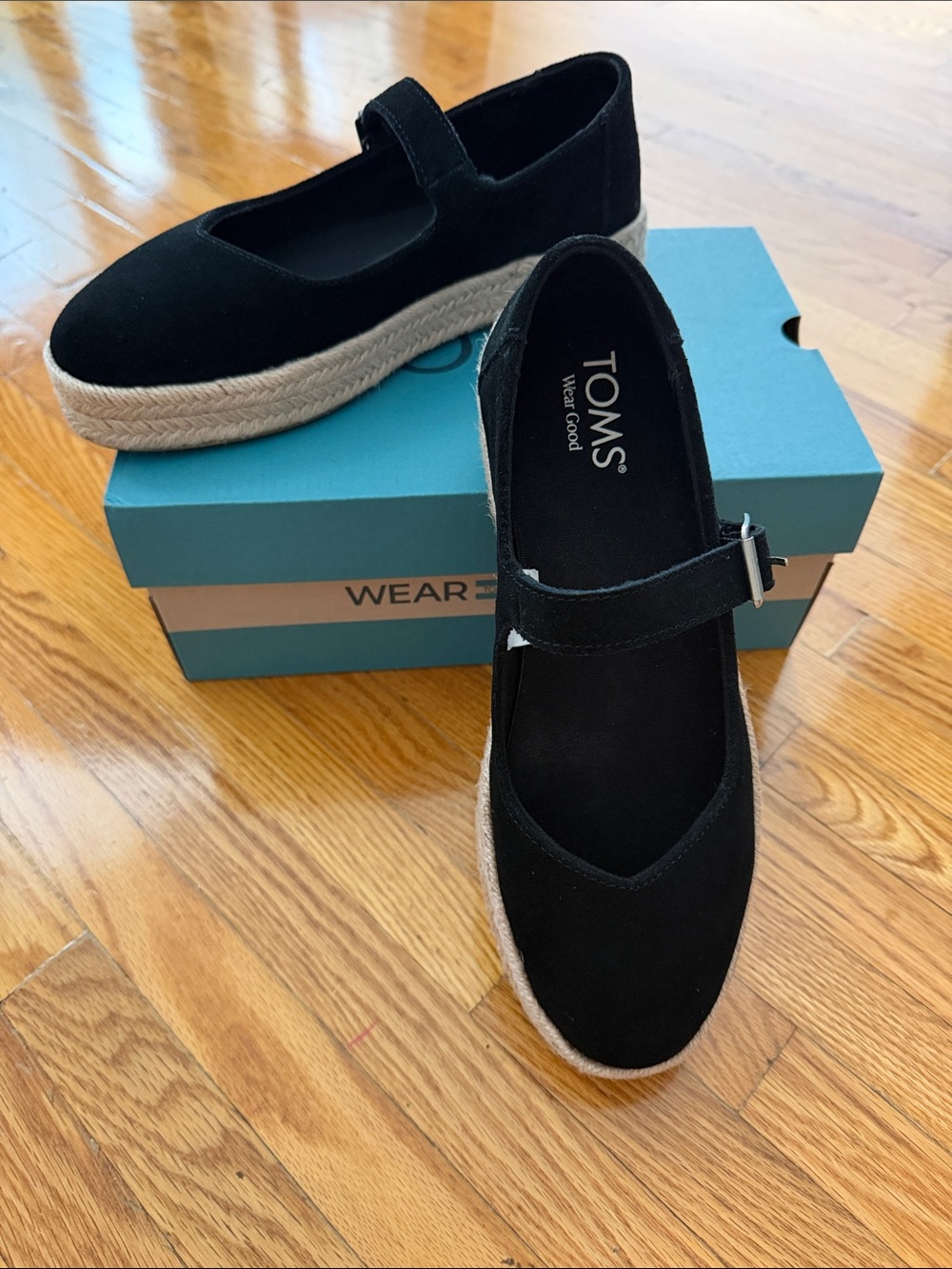 TOMS Black Mary Jane Espadrille with Jute Platform